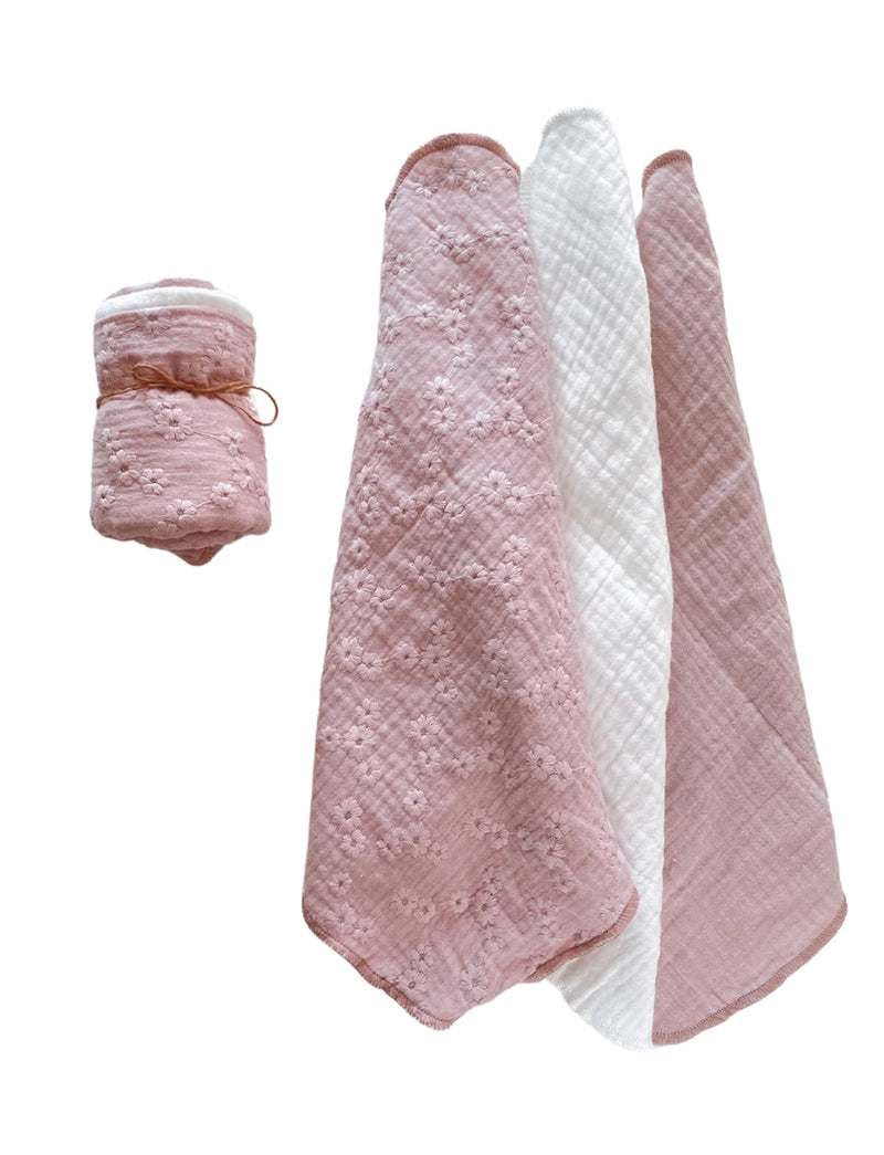 Set Of 3 Pink Muslin Burp Cloth Set