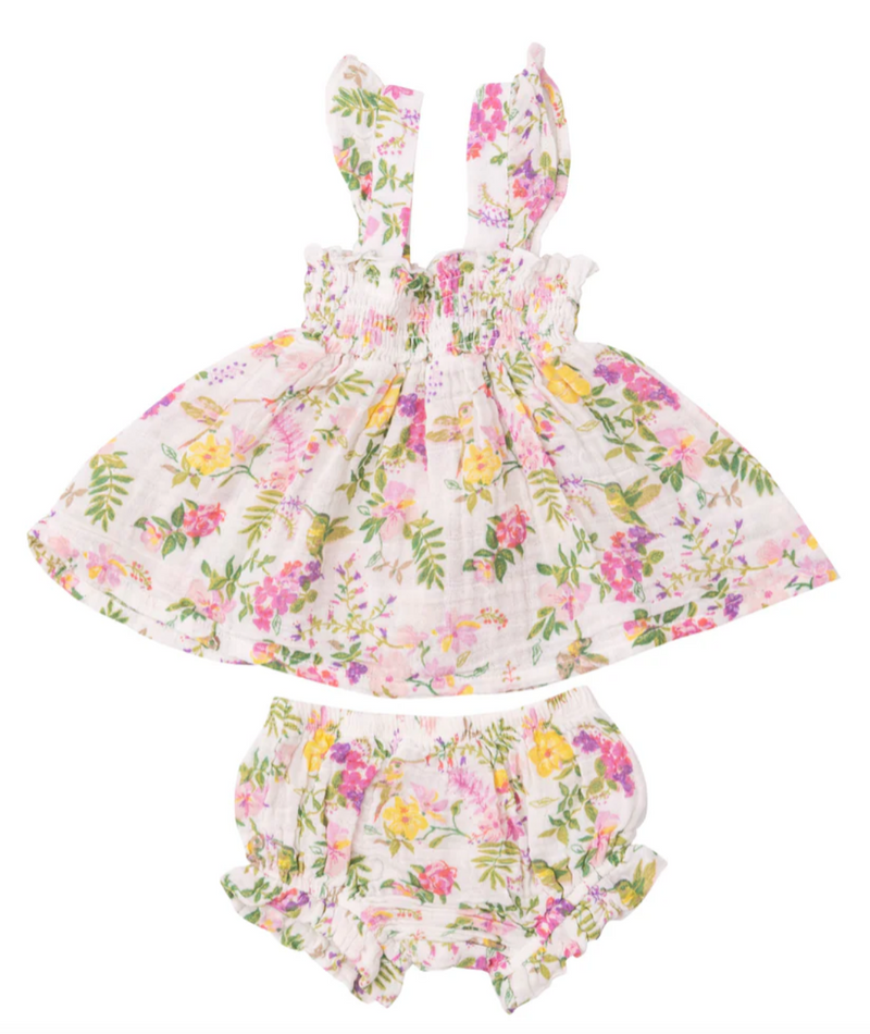 Floral Hummingbirds Smocked Top & Diaper Cover